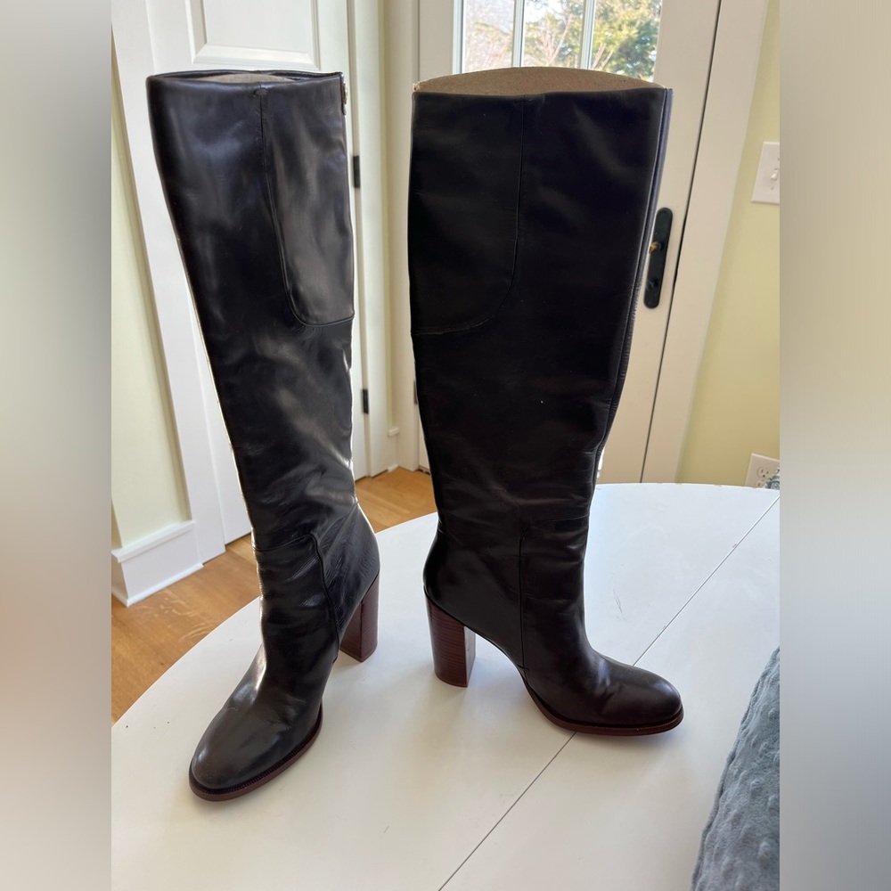 Brown leather heeled boots